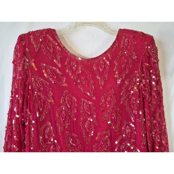 Vintage Carina Red 100% Pure Silk Sequin Dress XL Fringe Flapper Party Evening - Picture 3 of 7